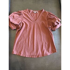 Chicos Brown V-neck Top Puff Sleeve Size 1 US Medium